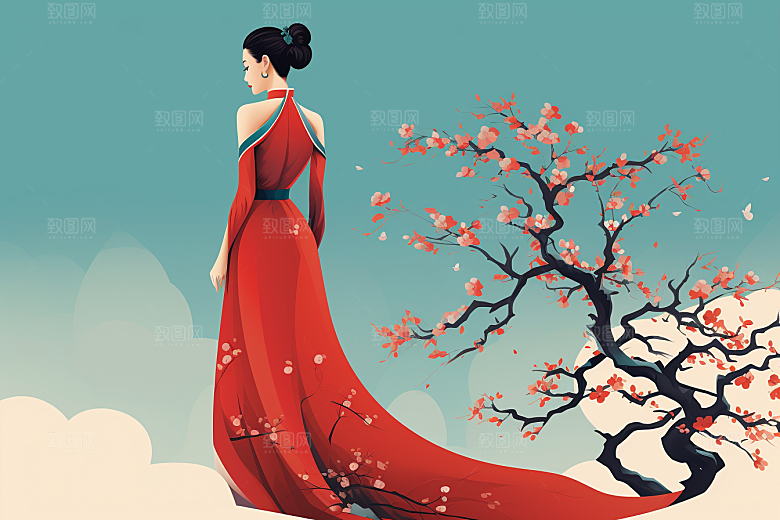 旗袍美女传统水墨插画