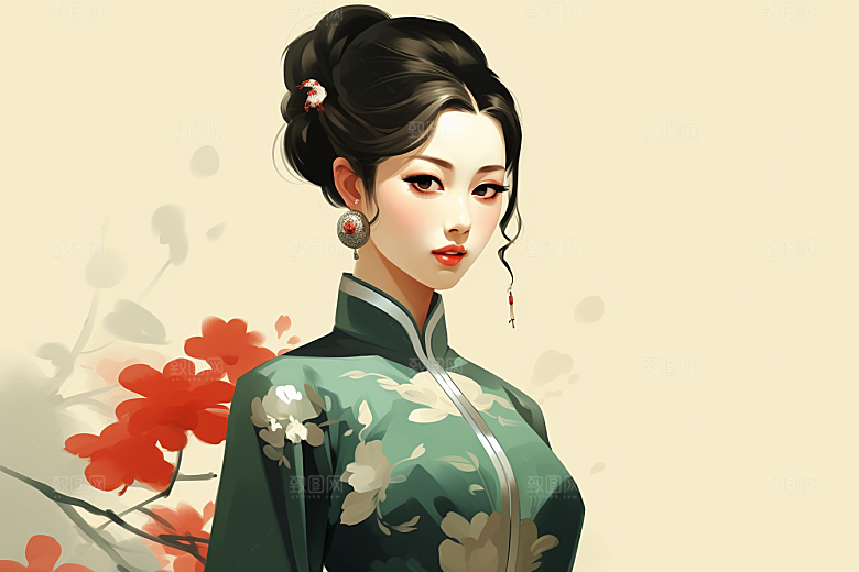 旗袍美女手绘艺术插画