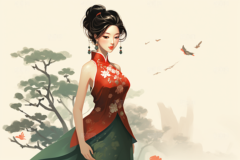 旗袍美女典雅新中式插画