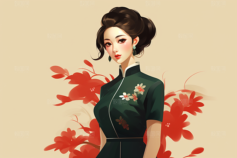 旗袍美女优雅典雅插画