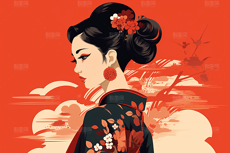 旗袍美女中式美女水墨插画