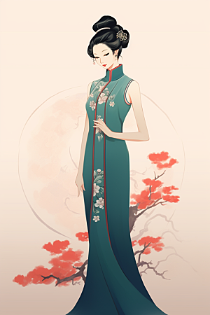 旗袍美女中式美女手绘插画
