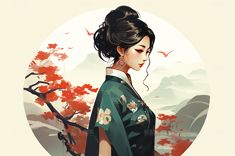 旗袍美女优雅中国风插画