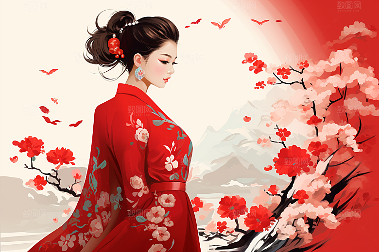 旗袍美女优雅中国风插画