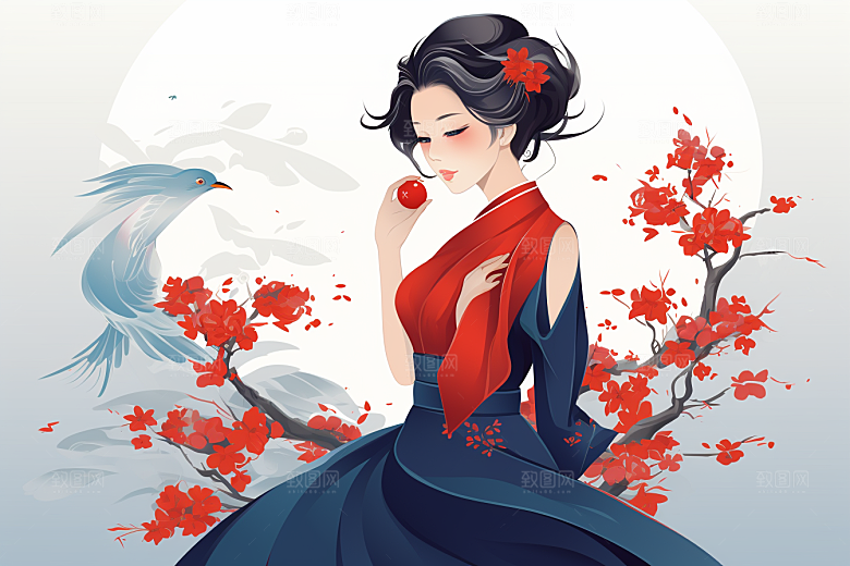旗袍美女新中式手绘插画