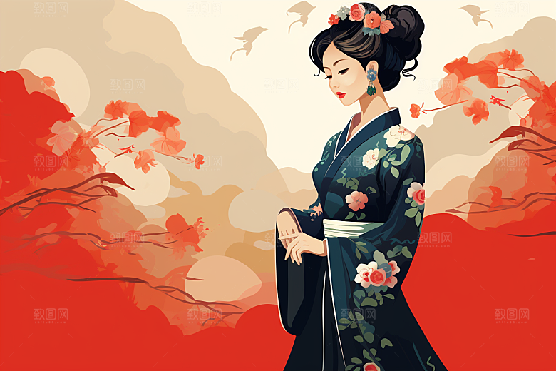 旗袍美女新中式水墨插画