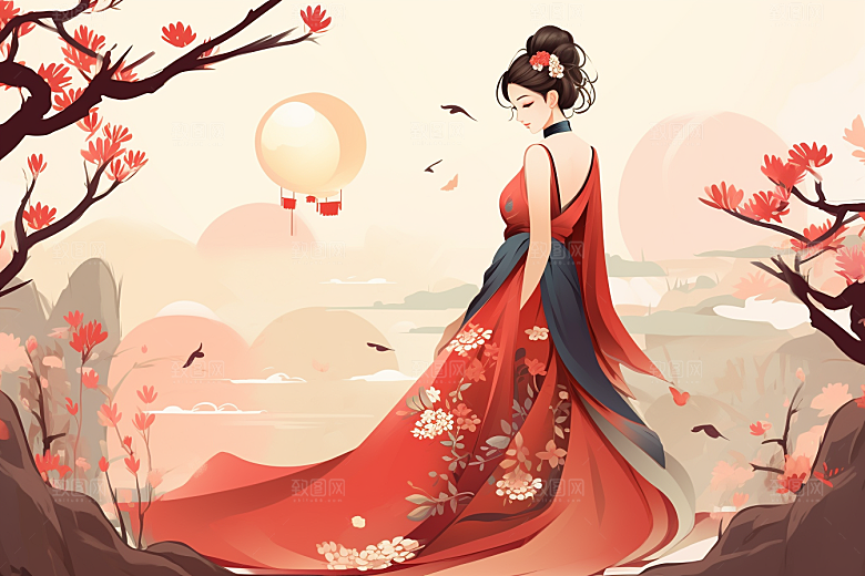 旗袍美女中式美女中国风插画