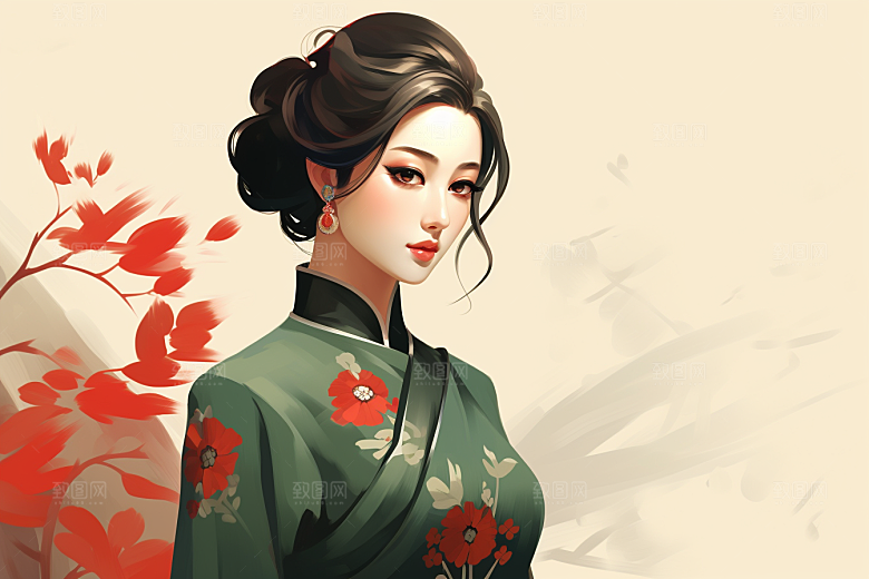 旗袍美女中式美女典雅插画