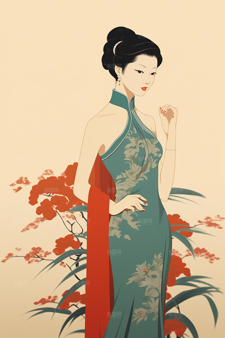 旗袍美女传统中式美女插画