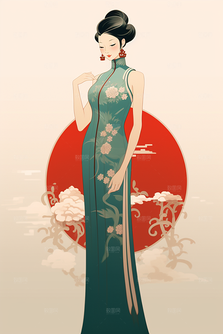 旗袍美女手绘新中式插画