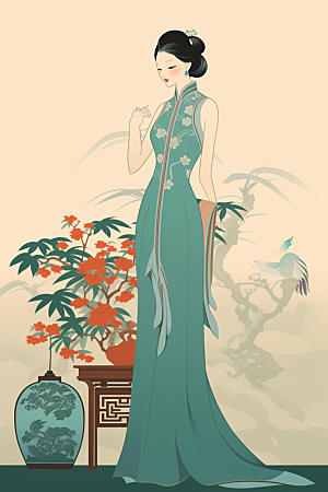 旗袍美女中国风新中式插画