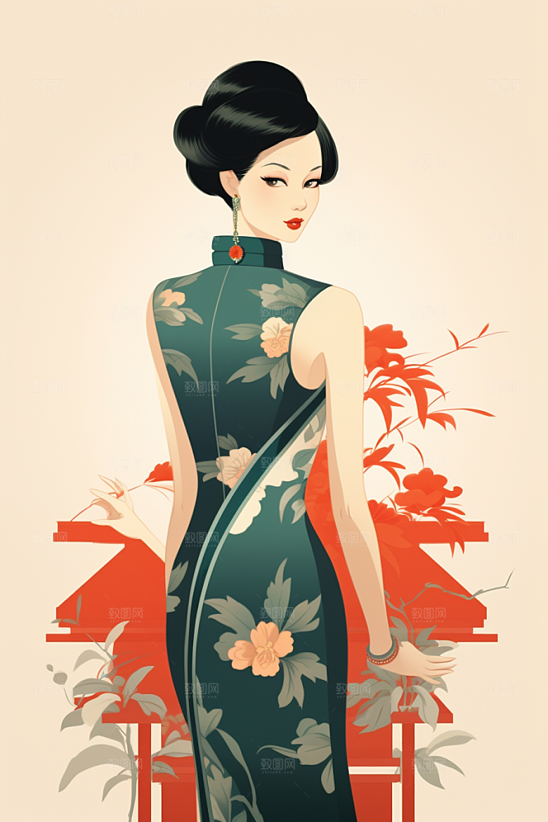 旗袍美女手绘传统插画