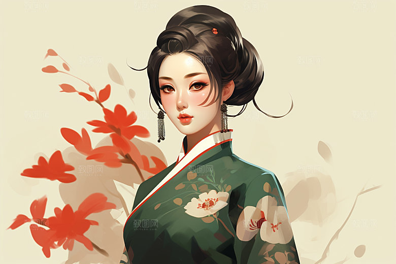 旗袍美女优雅中式美女插画