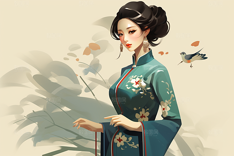旗袍美女水墨典雅插画