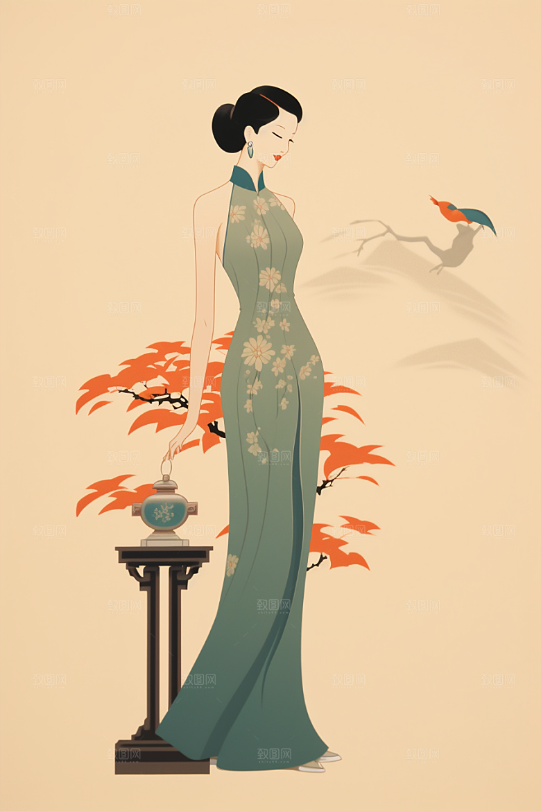 旗袍美女手绘典雅插画