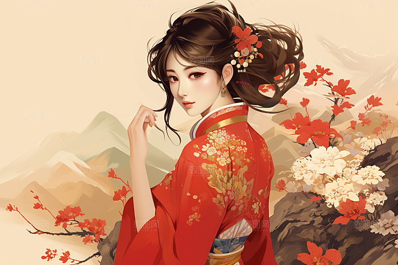 旗袍美女新中式中国风插画