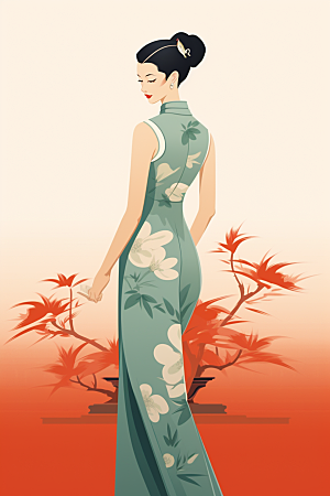 旗袍美女中国风优雅插画
