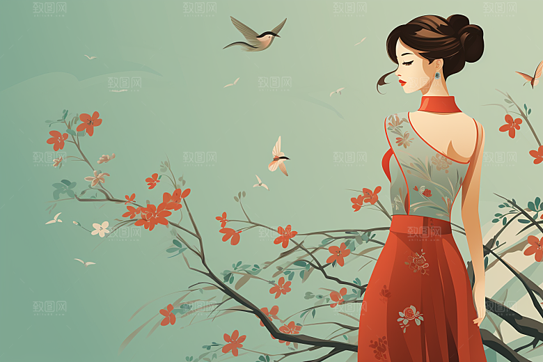 旗袍美女中式美女新中式插画