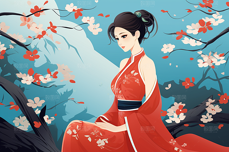 旗袍美女水墨手绘插画