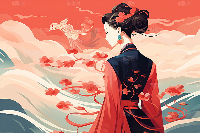 旗袍美女中式美女新中式插画