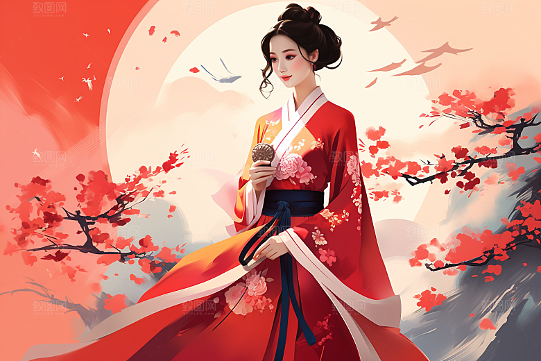 旗袍美女典雅水墨插画