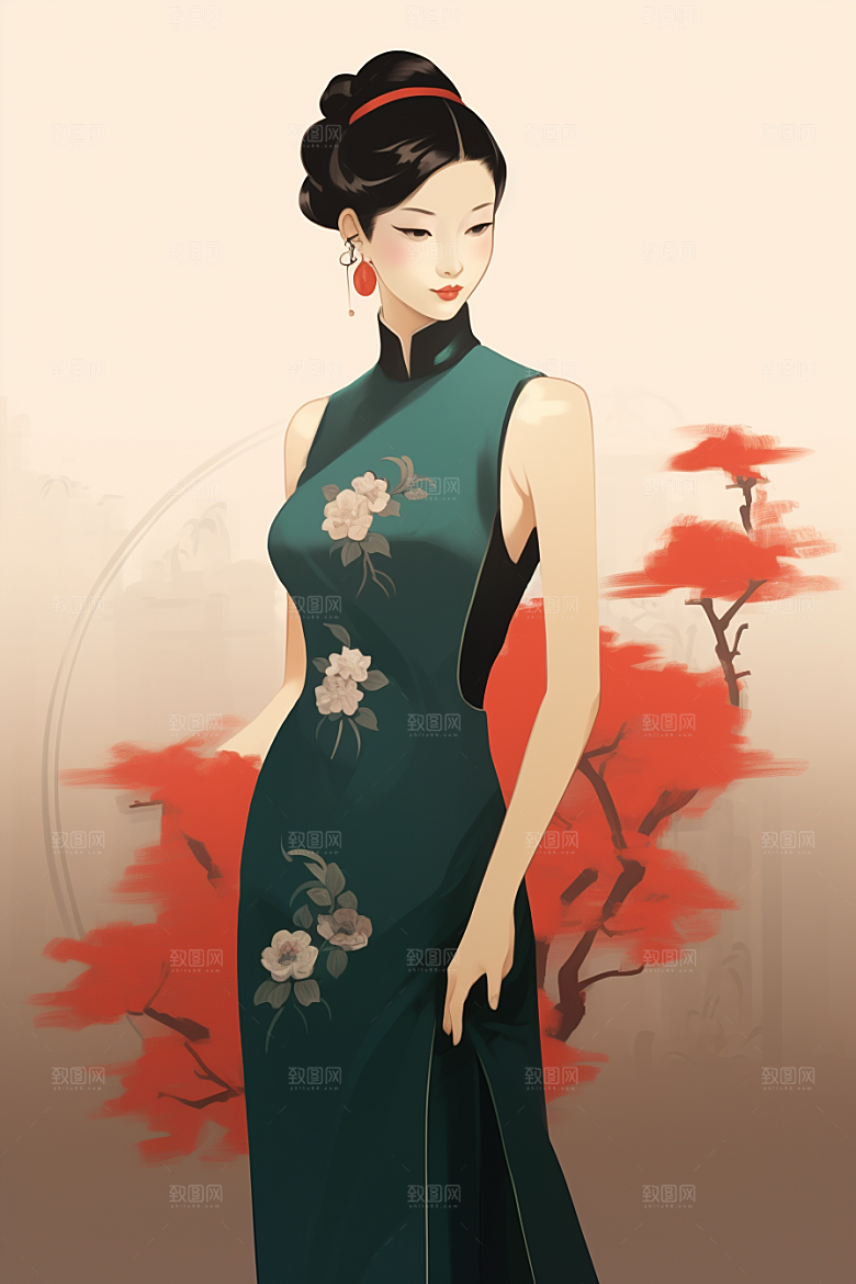 旗袍美女艺术手绘插画