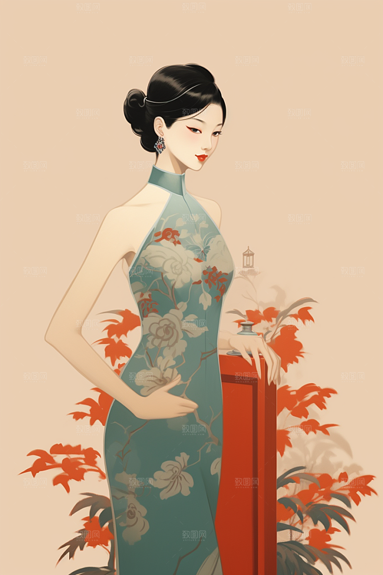 旗袍美女高贵手绘插画