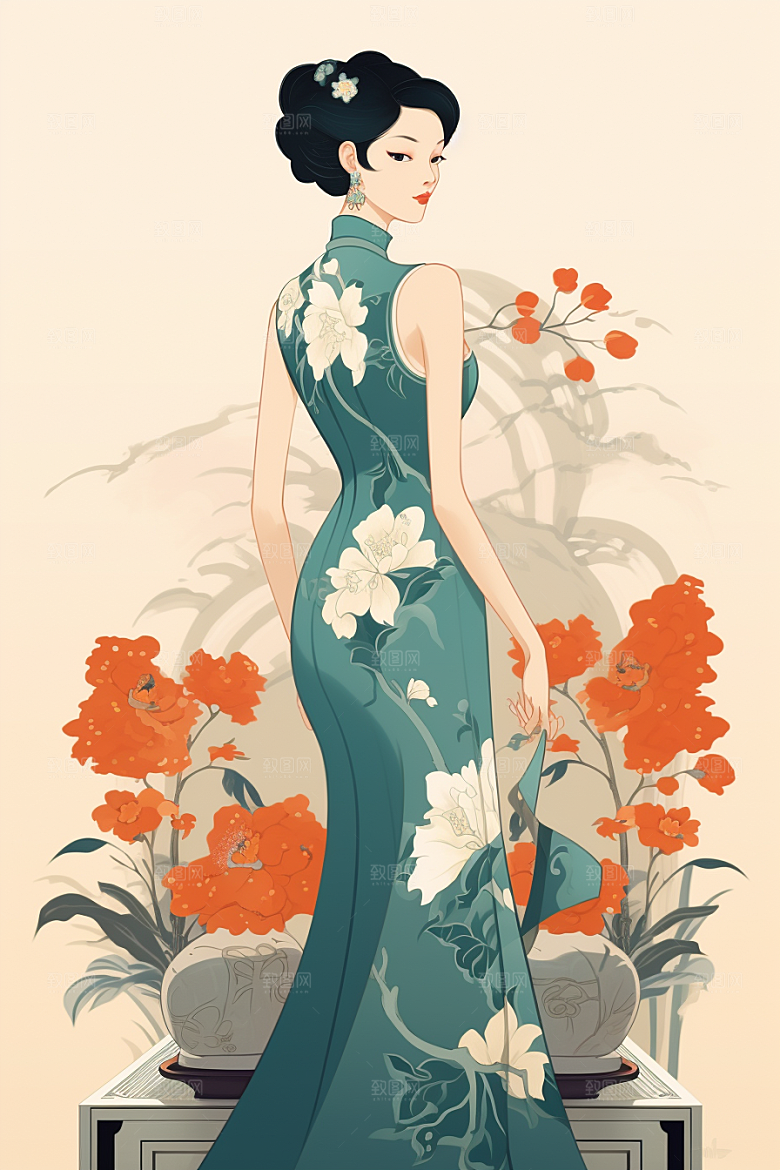 旗袍美女艺术高贵插画