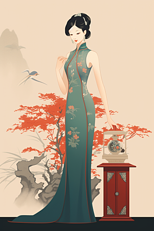 旗袍美女艺术中式美女插画