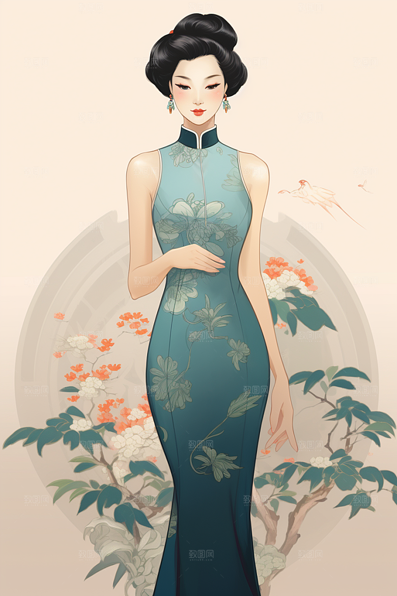 旗袍美女优雅典雅插画