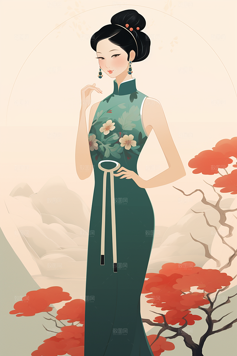 旗袍美女水墨典雅插画