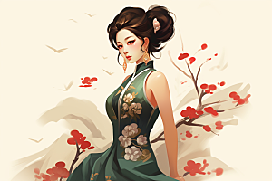 旗袍美女高贵中国风插画