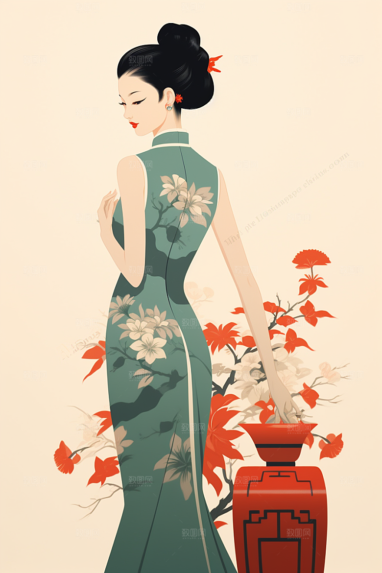 旗袍美女中式美女典雅插画