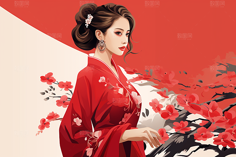 旗袍美女优雅传统插画