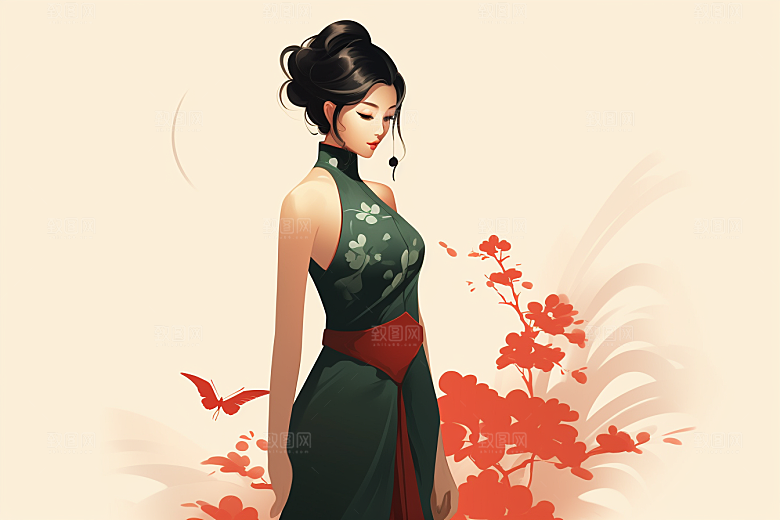 旗袍美女传统手绘插画
