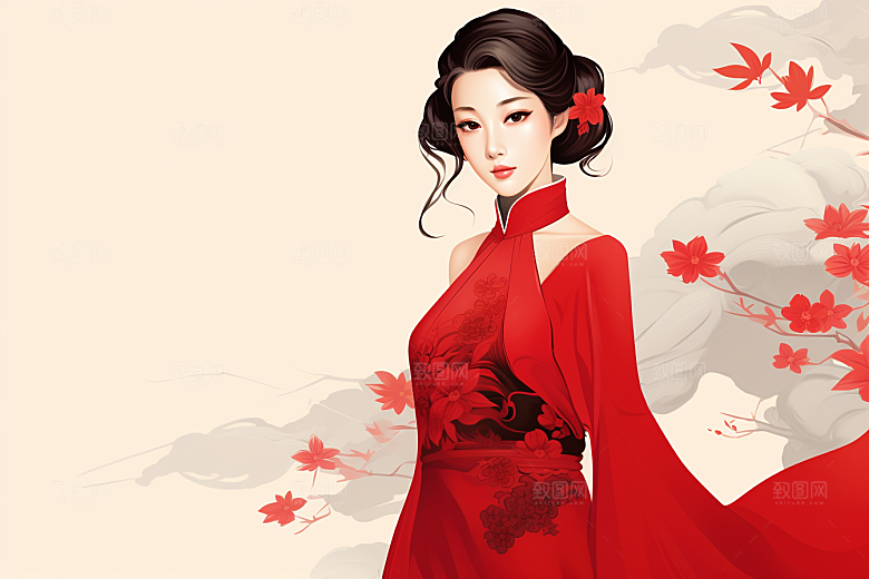 旗袍美女中式美女优雅插画