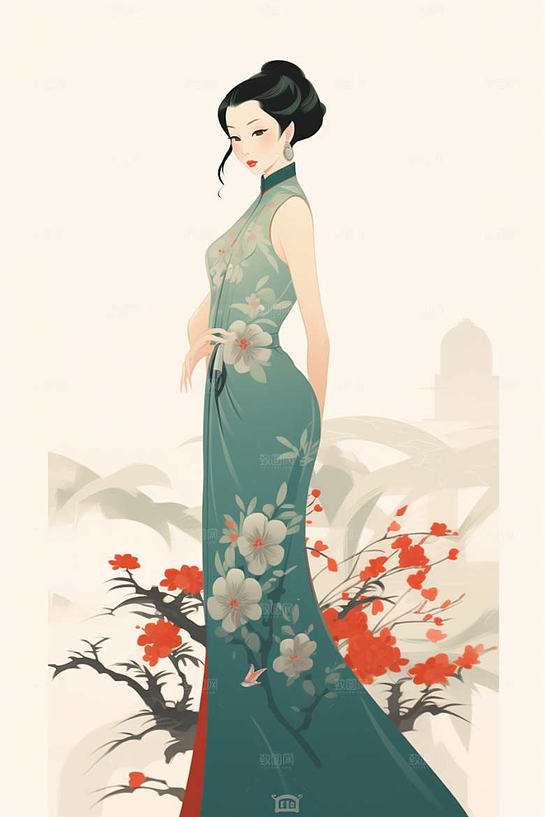 旗袍美女中式美女手绘插画