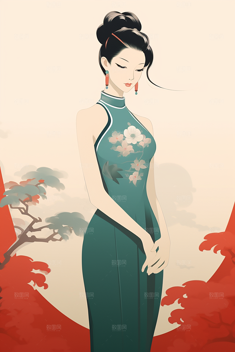 旗袍美女艺术手绘插画