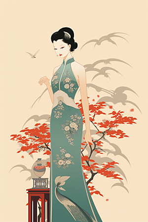 旗袍美女中式美女艺术插画
