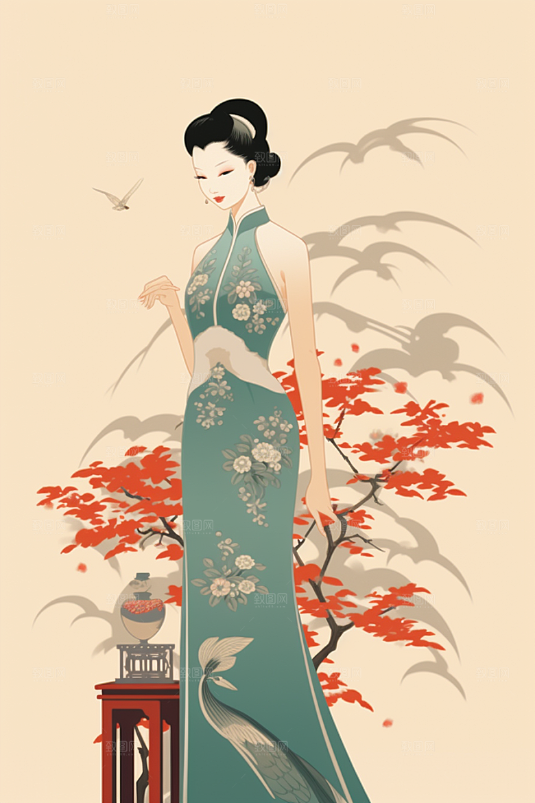 旗袍美女中式美女艺术插画