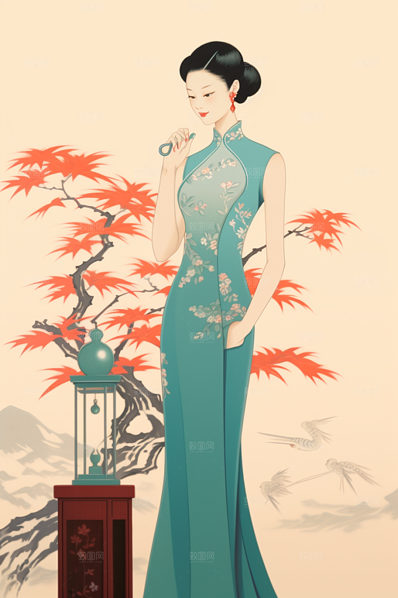 旗袍美女手绘高贵插画