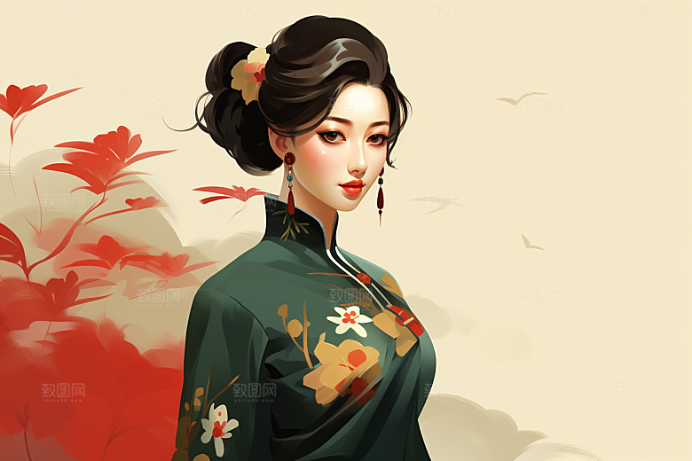 旗袍美女艺术传统插画
