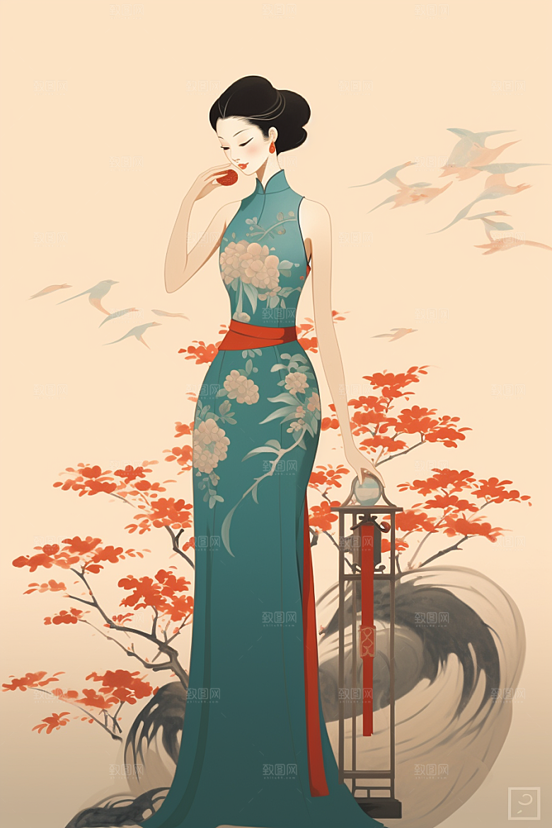 旗袍美女中国风手绘插画