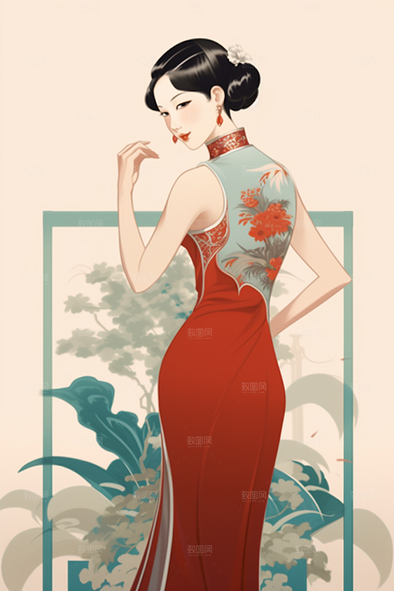 旗袍美女典雅优雅插画