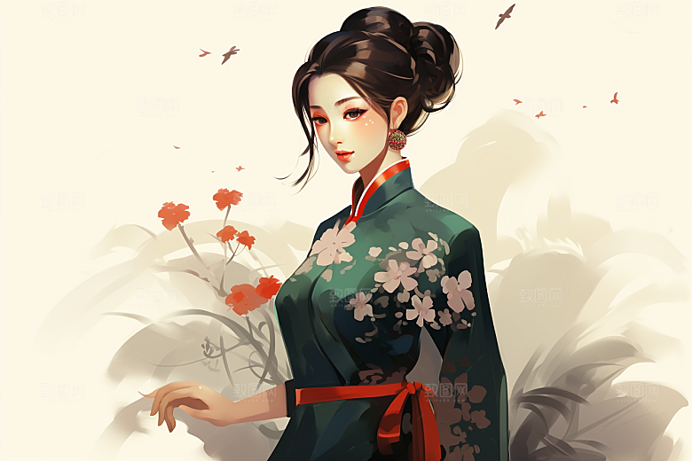 旗袍美女新中式中国风插画