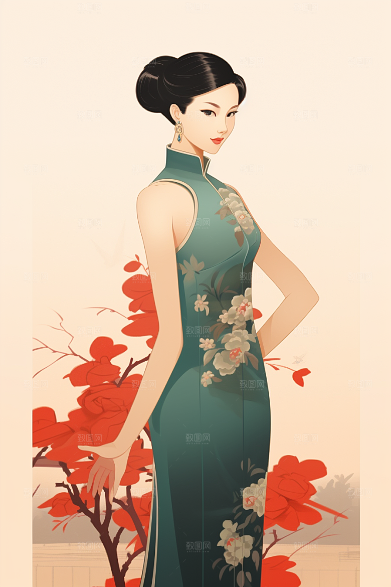 旗袍美女中式美女手绘插画