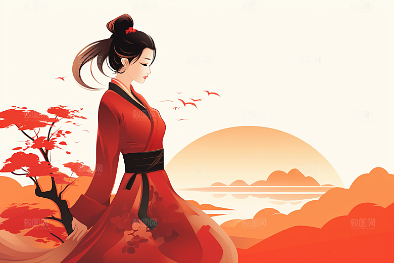 旗袍美女传统艺术插画