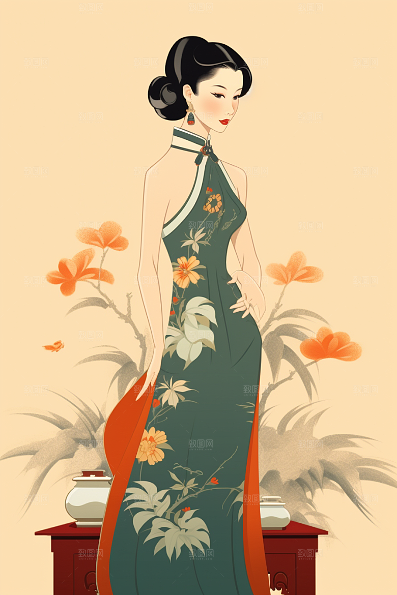 旗袍美女艺术中国风插画