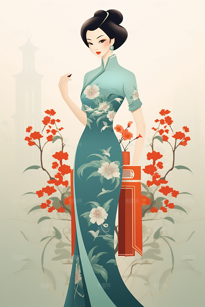 旗袍美女水墨典雅插画