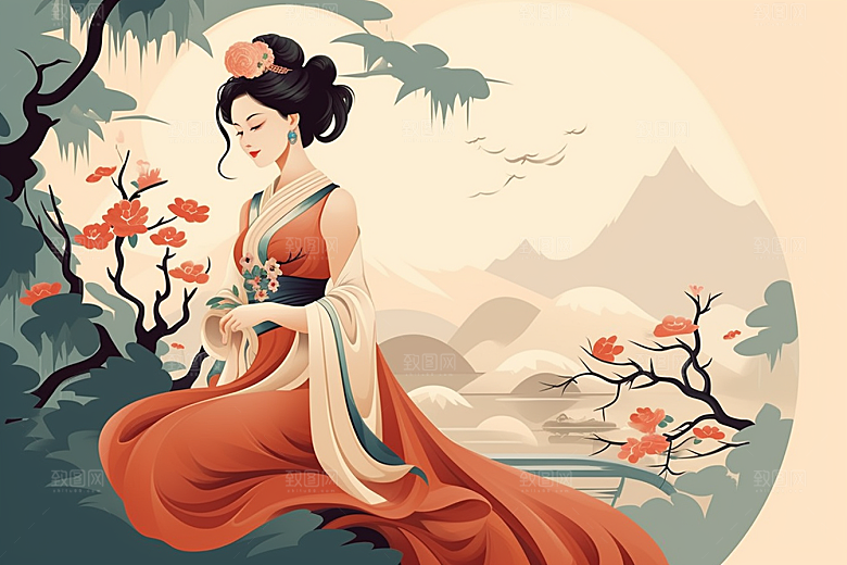 旗袍美女优雅手绘插画